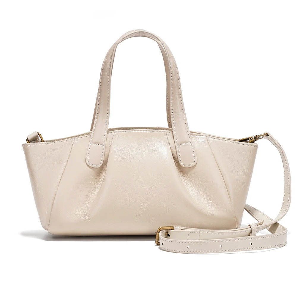 Ruched Genuine Leather Small Satchel