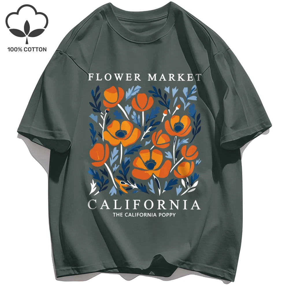 Women's California Yellow Flowers Market Print T-Shirt | Soft Cotton O-Neck Casual Crewneck Short Sleeve