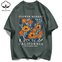 Women's California Yellow Flowers Market Print T-Shirt | Soft Cotton O-Neck Casual Crewneck Short Sleeve