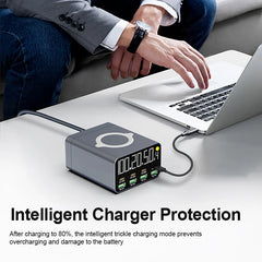 80W/120W 8-Port Charging Station | Digital Display USB-C Wireless Charger PD QC3.0 for Laptop Tablet Phone