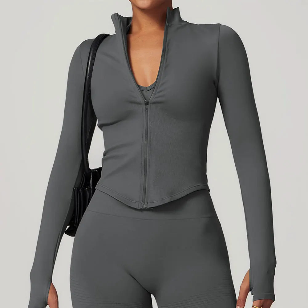Women's Zipper Long Sleeve Yoga Jacket | Quick-Dry Seamless Crop Sports Top Gym Running Wear