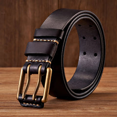 Men’s Vintage Cowhide Leather Belt - 3.8cm Wide Strap with Double-Pin Copper Buckle