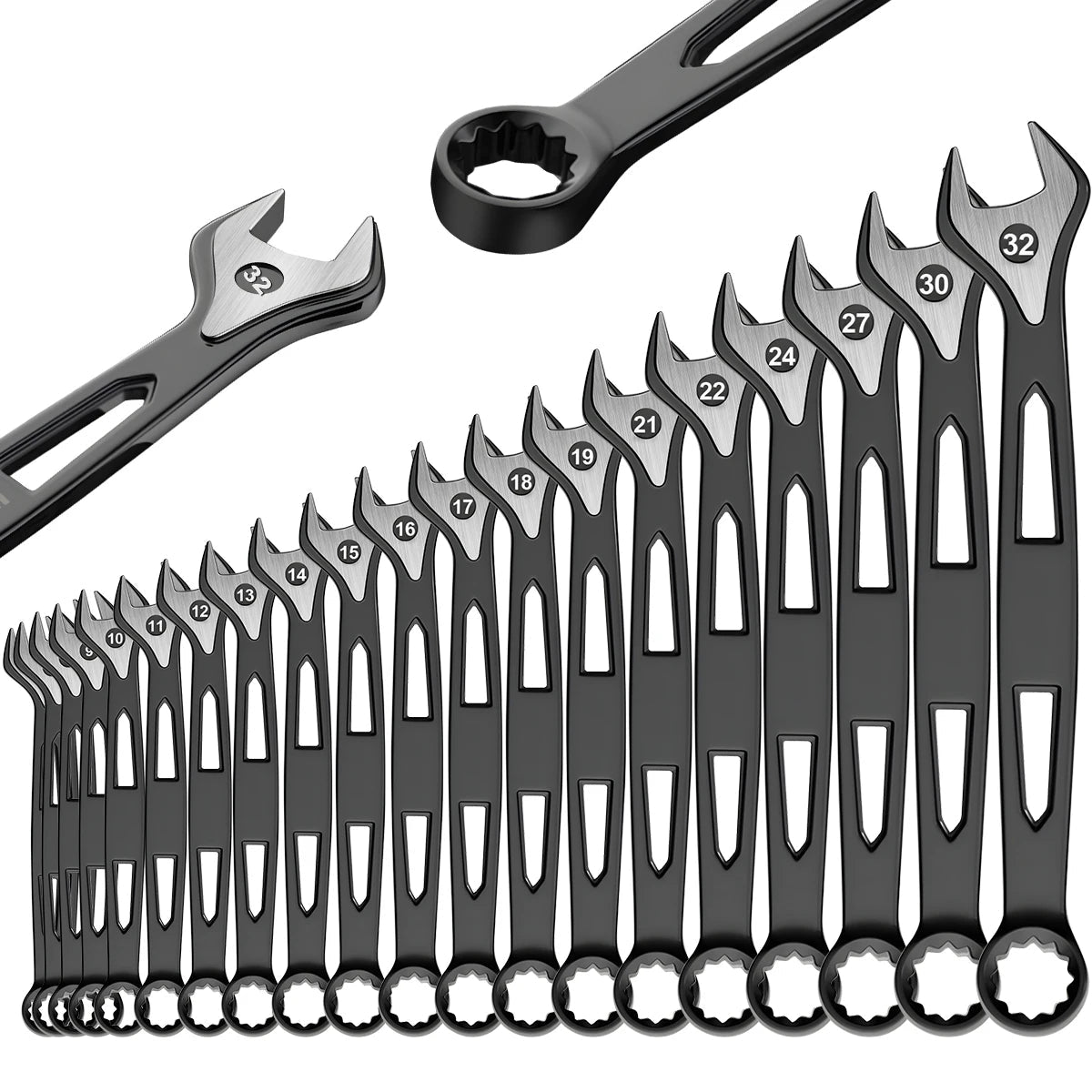 Set of black wrenches with varying sizes on a white background, featuring Wozobuy logo.