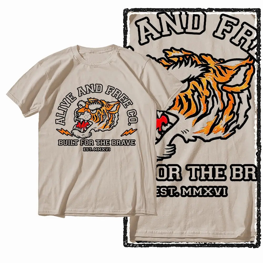 Beige Vintage Tiger Print Cotton T-Shirt – Men's Streetwear Tee
