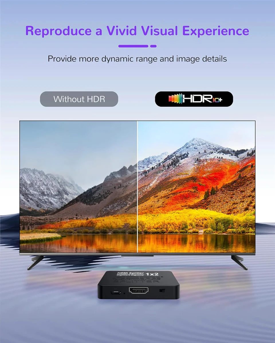 4K@240Hz / 8K HDMI 2.1 Splitter 1-in-2-out – Distributor Box for Two Screens, PC, Projector & PS5