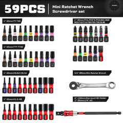 Mini Ratchet Wrench Set 33pcs | 1/4" Adapter S2 Steel Magnetic Screwdriver Bits Colour-Coded Base