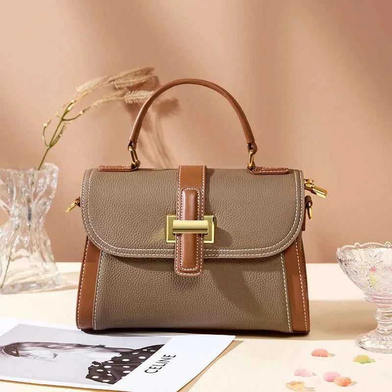 Genuine Cowhide Leather Small Square Crossbody Bag – Luxury Women's Shoulder Satchel with Flap Pocket