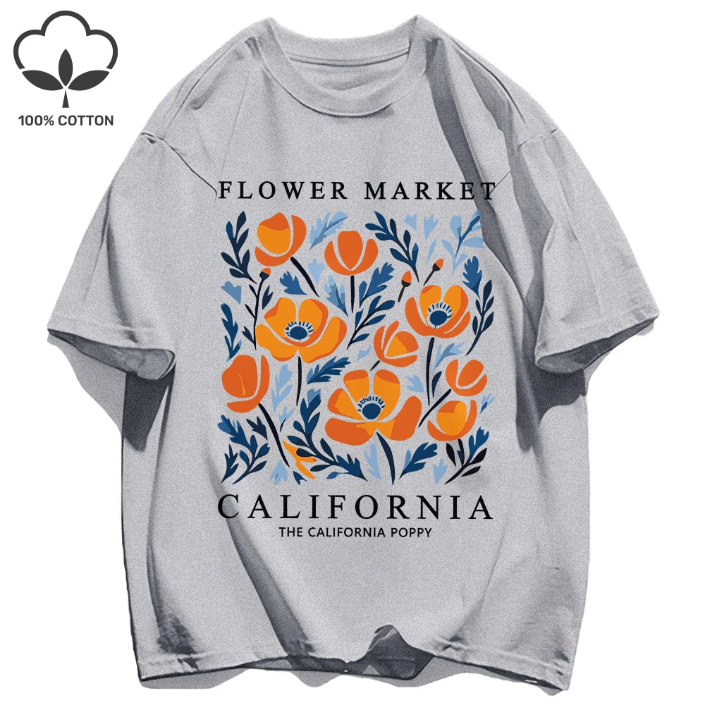 Women's California Yellow Flowers Market Print T-Shirt | Soft Cotton O-Neck Casual Crewneck Short Sleeve