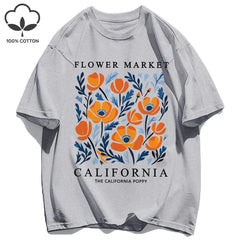 Women's California Yellow Flowers Market Print T-Shirt | Soft Cotton O-Neck Casual Crewneck Short Sleeve