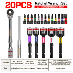 1/4" Ratchet Wrench Set – Heavy Duty Socket, Magnetic S2 Steel Bits with Colour-Coded Base for DIY
