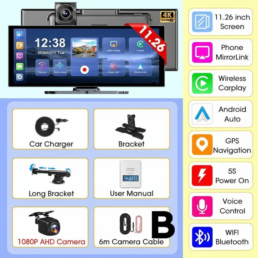 11.26" 4K Car DVR – Portable Dash Cam with Wireless CarPlay, Android Auto & 5G WiFi Navigation by Snagg A Car DVR