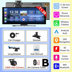 11.26" 4K Car DVR – Portable Dash Cam with Wireless CarPlay, Android Auto & 5G WiFi Navigation by Snagg A Car DVR