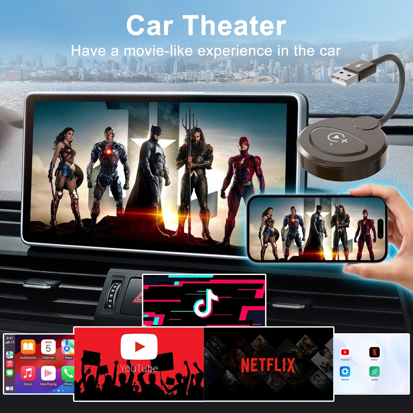 Wireless Video CarPlay Adapter With Netflix/YouTube/Tiktok, For OEM Wired CarPlay Cars by Snagg A Car Adapter