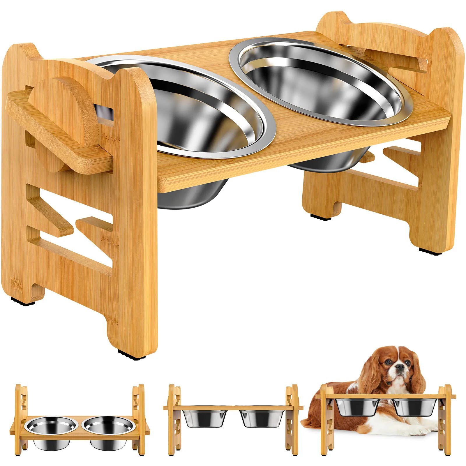 Elevated Stainless Steel Dog & Cat Bowls with Bamboo Stand by Snagg A Feeder