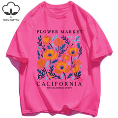 Women's California Yellow Flowers Market Print T-Shirt | Soft Cotton O-Neck Casual Crewneck Short Sleeve