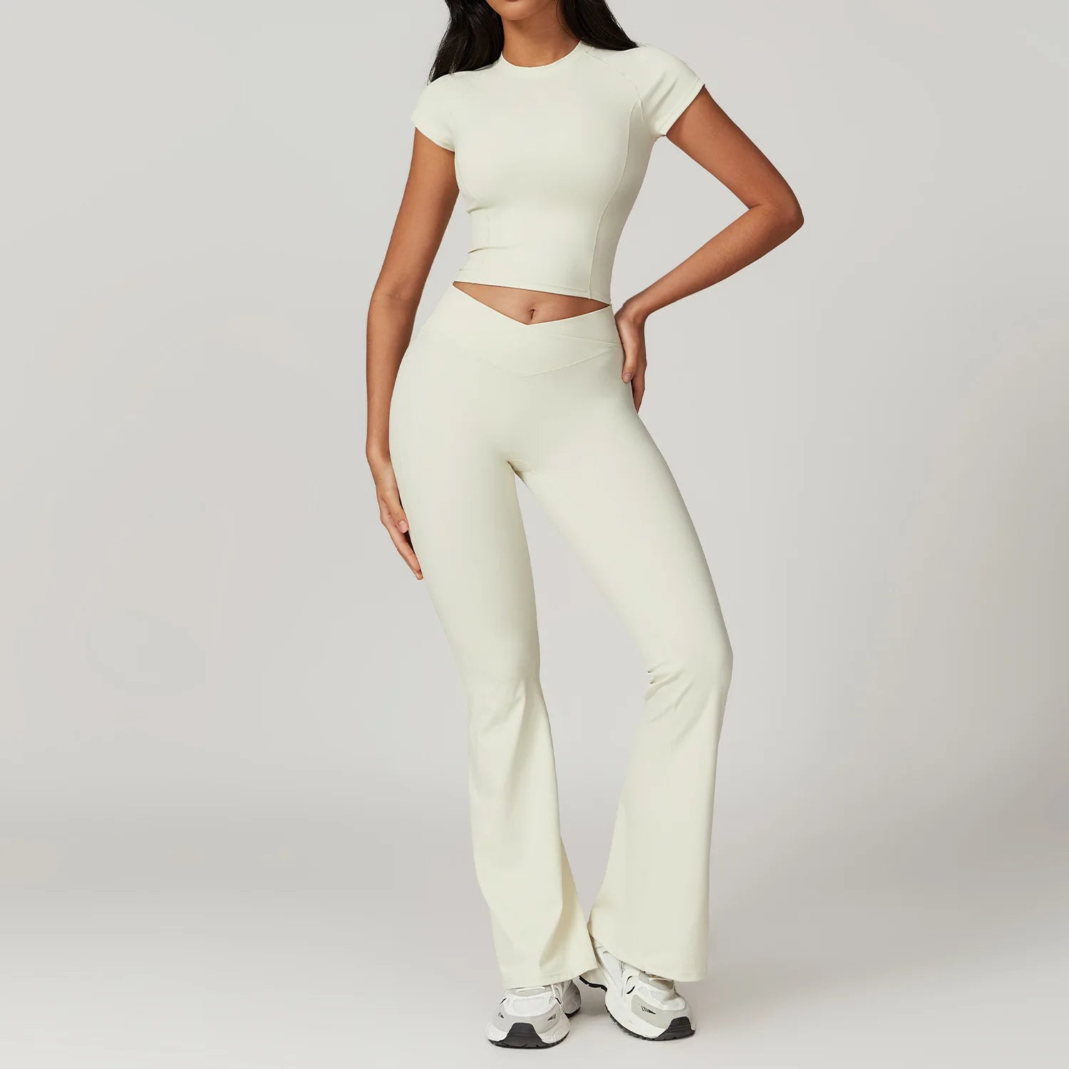 Women's 2-Piece Short Sleeve Yoga Set | Crop Top & High Waist Leggings Gym Workout Sportswear