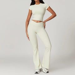Women's 2-Piece Short Sleeve Yoga Set | Crop Top & High Waist Leggings Gym Workout Sportswear
