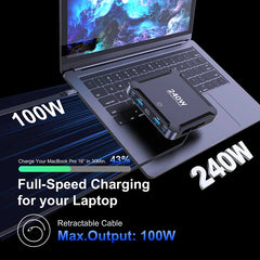 240W GaN Desktop Charger | Digital Display + 100W Retractable USB-C Cable Fast Charger Phone Laptop