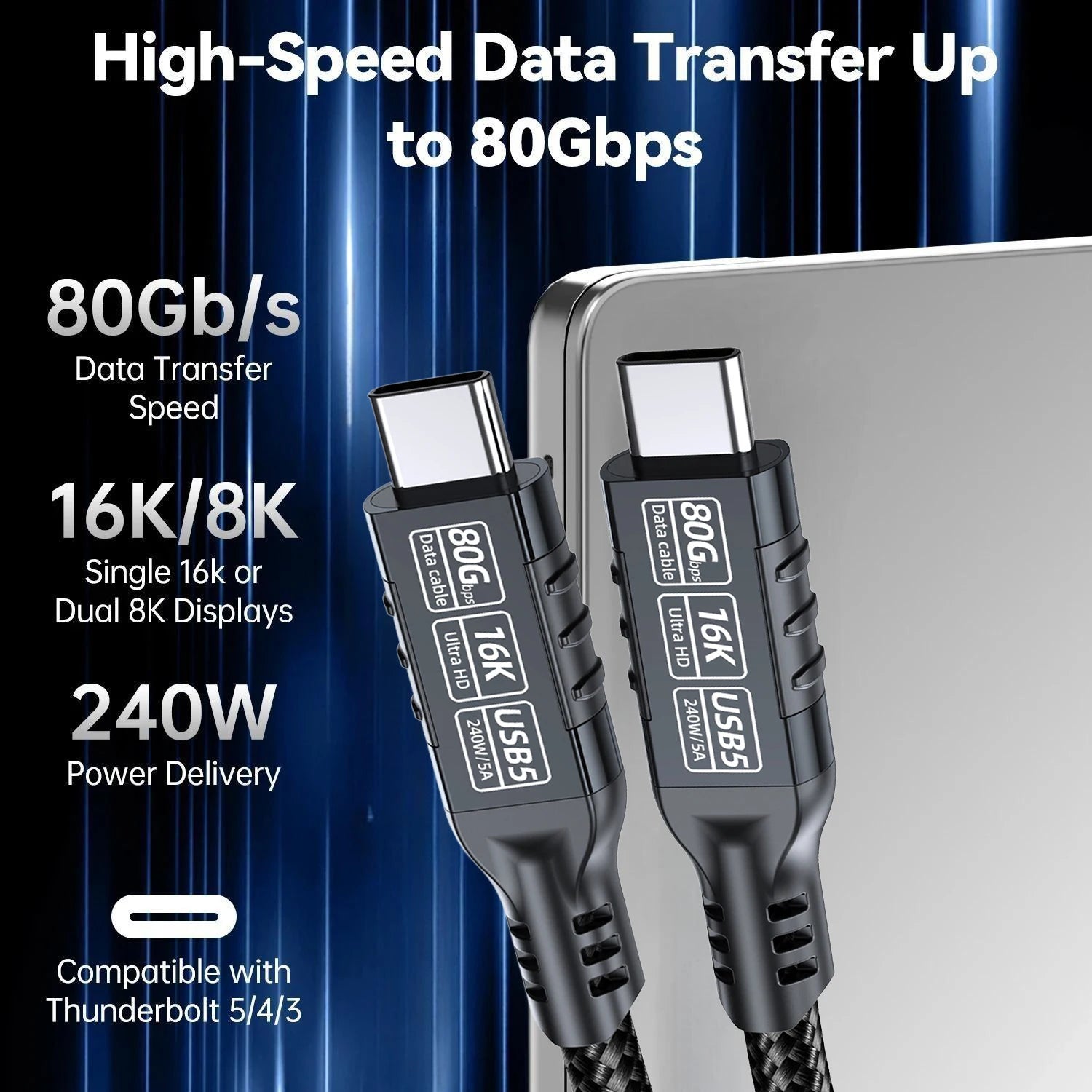 240W 80Gbps PD Fast Charging Cord for iPhone 16 Pro, MacBook, Laptop, Tablet & Switch by Snagg A Charging Cable