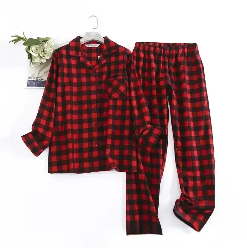 Women's Cotton Flannel Pajama Set | Plaid Long Sleeve Long Pants Loose Autumn Winter Sleepwear