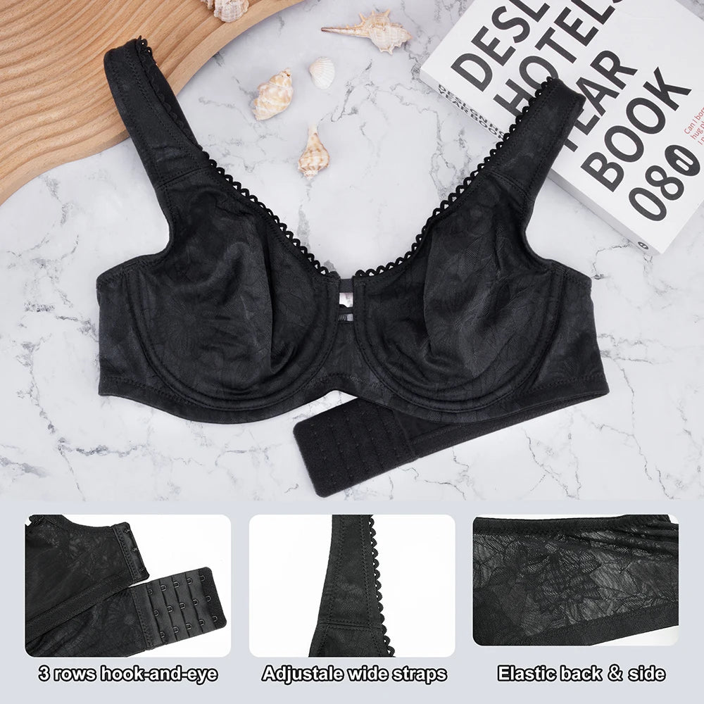Plus Size Floral Lace Minimizer Bra | Wide Strap Underwire Full Coverage Non-Padded High Support