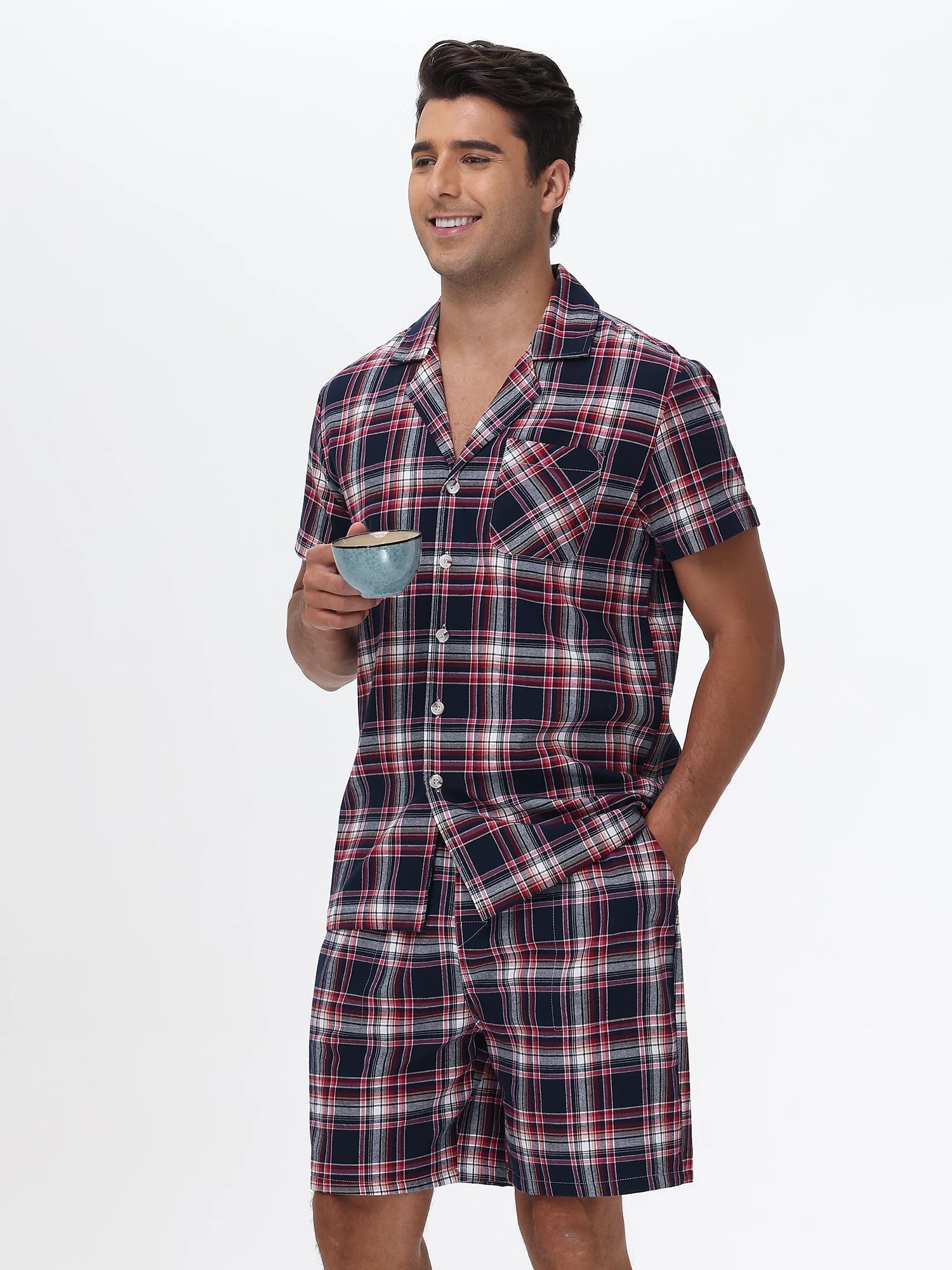 Men's Cotton Short Pajama Set | 2-Piece Breathable Button Top & Elastic Shorts Summer Loungewear
