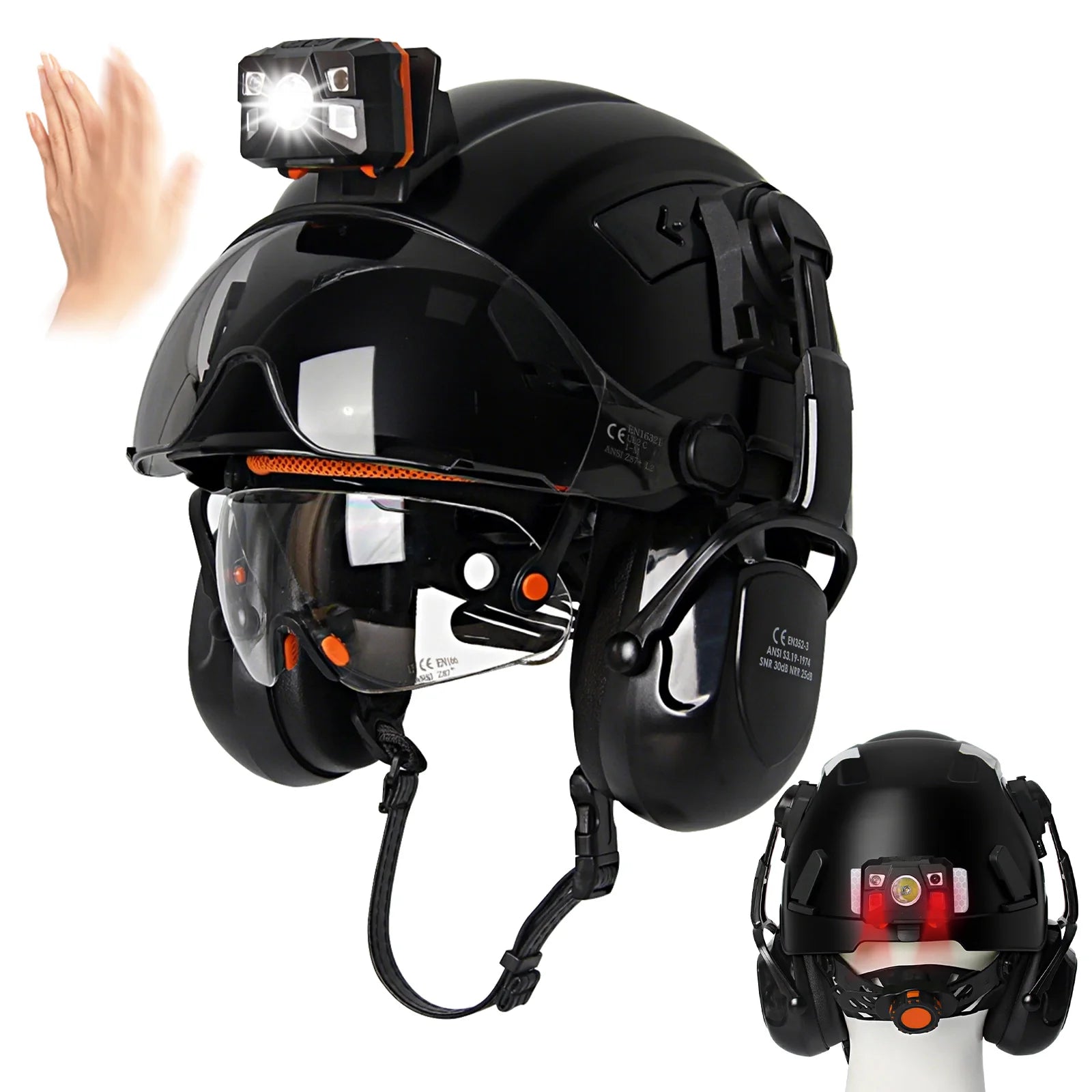 Construction safety helmet with head lamp and mounted earmuffs – image 8