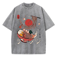 Women's Ramen Noodles Harajuku Washed T-Shirt | Cotton Oversized O-Neck All-Match Casual Top