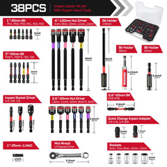38 Pcs DIY Tool Set – Impact Screwdriver Bits, Nut Drivers, Sockets & Quick-Change Adapters with Ratchet Wrench