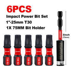 1" Impact Tough Magnetic T30 Torx Power Bits – S2 Alloy Steel, Star Screwdriver Bit Set
