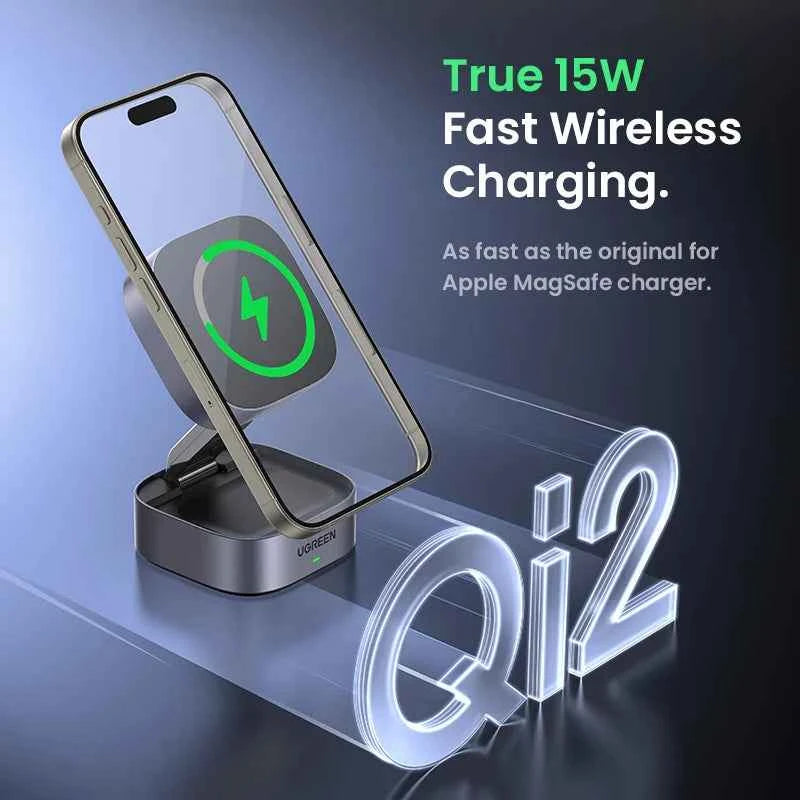 Qi2 15W 2-in-1 Magnetic Wireless Charging Stand | MagSafe Fast Charger for iPhone 16 17 AirPods