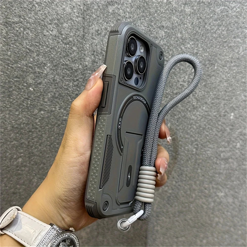Kickstand Magnetic Shockproof With Strap Case - For iPhone 16 Series - Gray Lanyard / Pro Max - Phone Cases & Covers