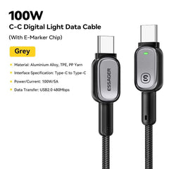 USB-C to USB-C Cable 100W 5A PD | LED Fast Charging Cable for iPhone 16 15 Samsung MacBook Tablet Laptop