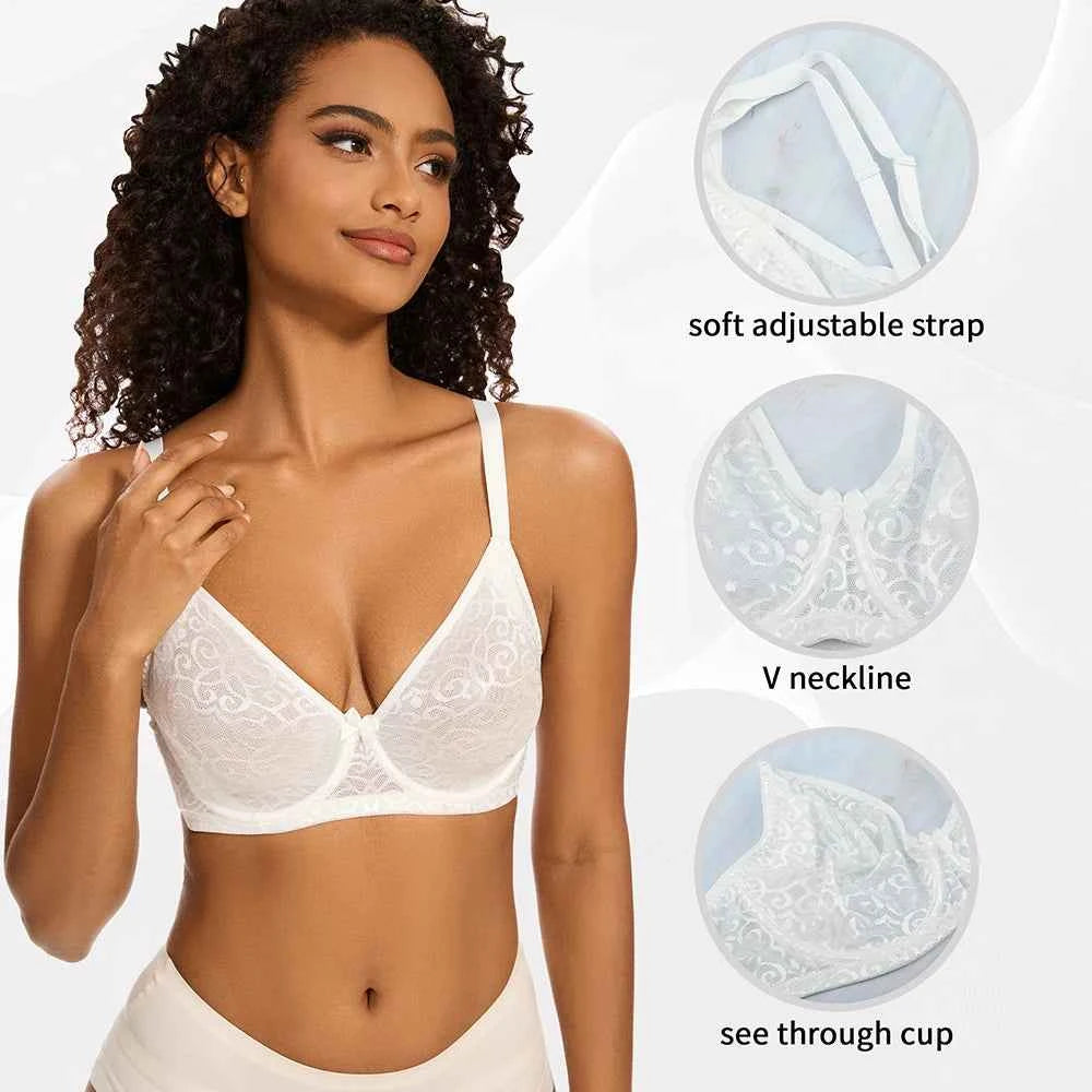 Plus Size Plunge Minimizer Bra | Floral Lace Mesh Underwire Full Coverage Big Bust