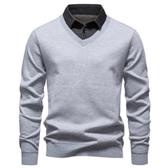 Men’s "Fake Two Piece" Thermal Pullover | Slim Fit Fleece Lined Smart Casual Sweater