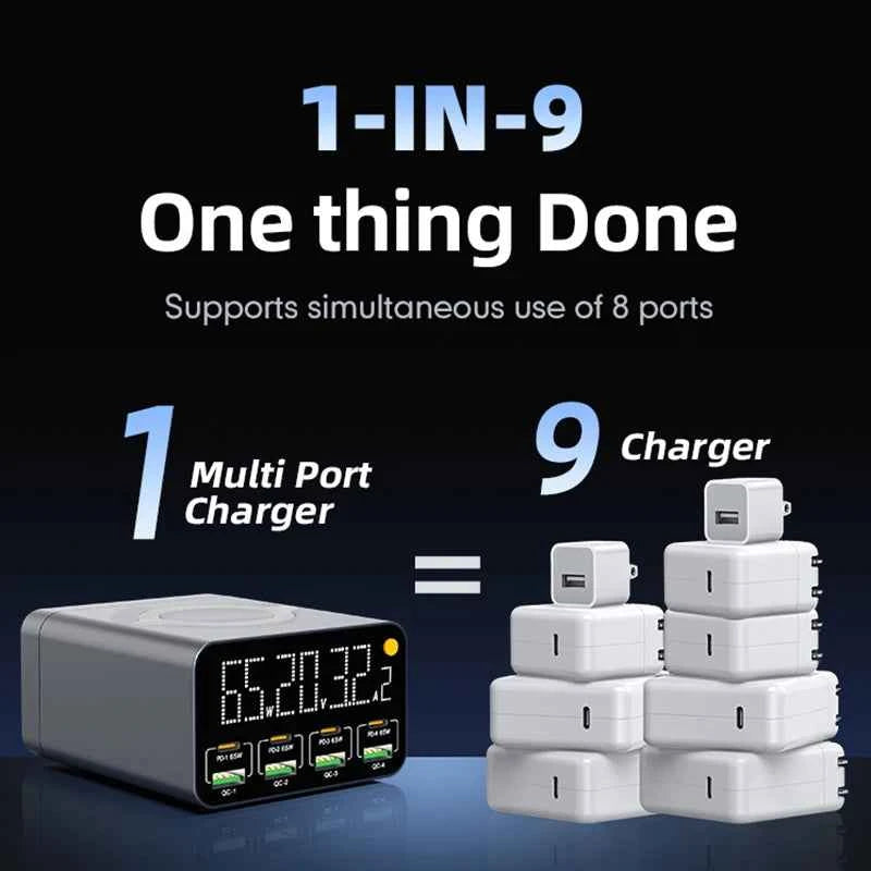 80W/120W 8-Port Charging Station | Digital Display USB-C Wireless Charger PD QC3.0 for Laptop Tablet Phone