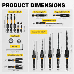 18 Piece Professional Countersink Drill Bit Set & Tapered Woodworking Kit