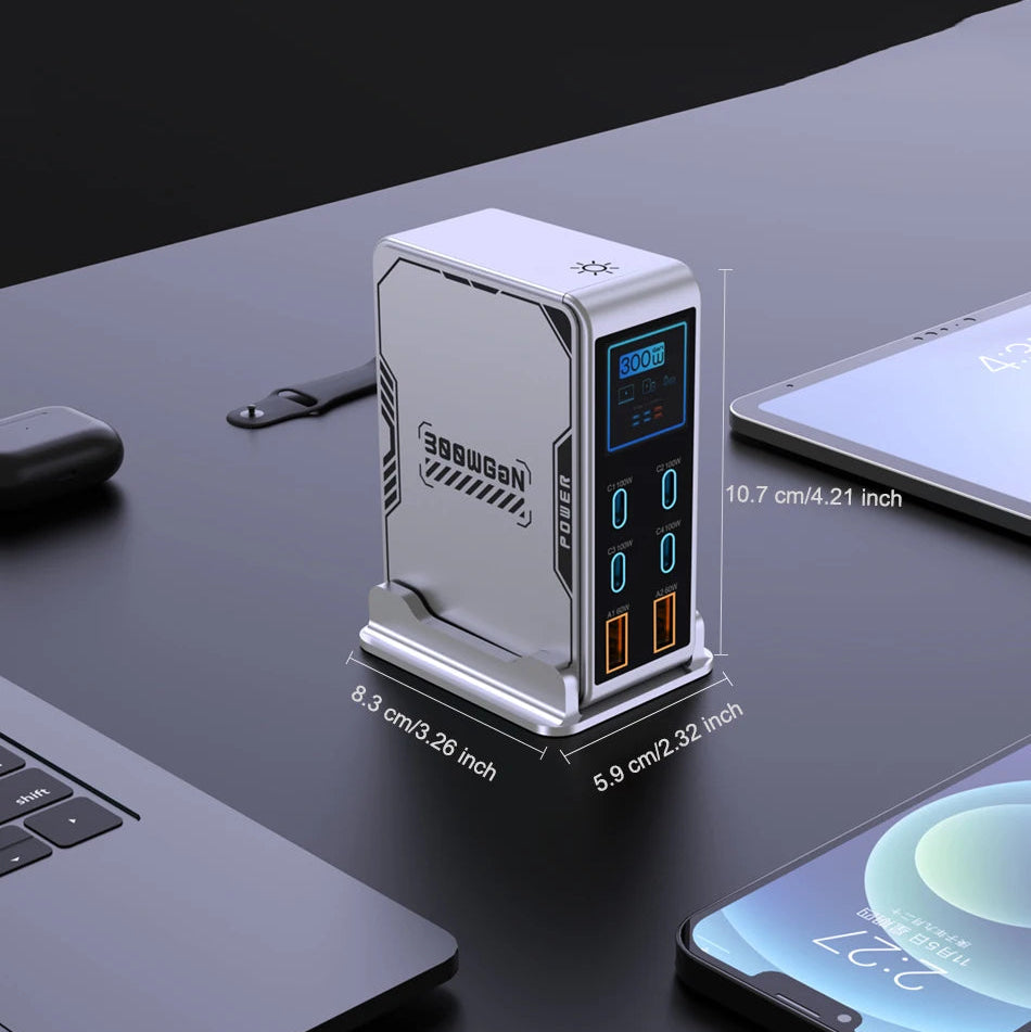 300W GaN Charger USB Type C 6-Port Digital Display by Snagg A Charging Station