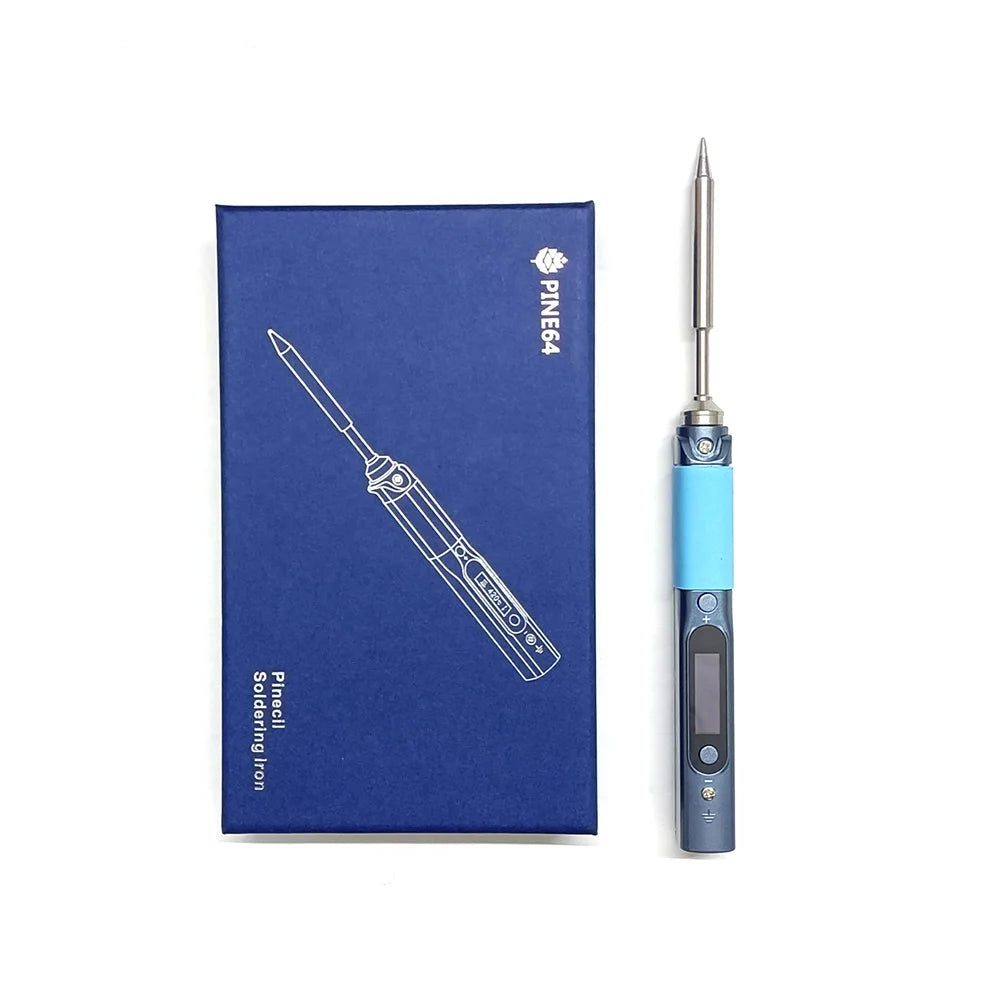 Soldering iron with blue box and Pine64 branding on a white background