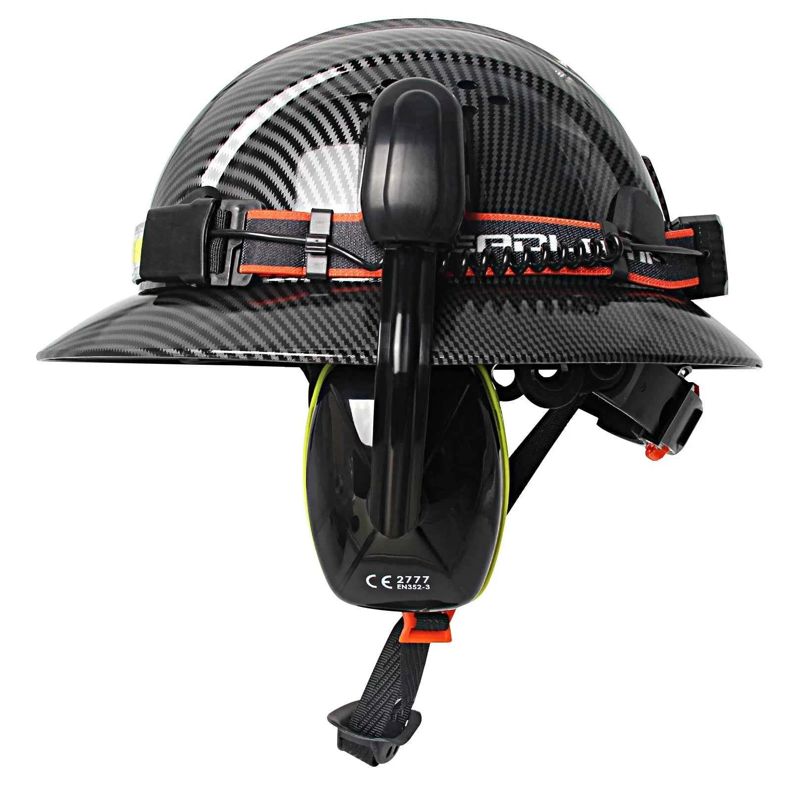 Full brim construction safety helmet with earmuffs and head lamp – image 2