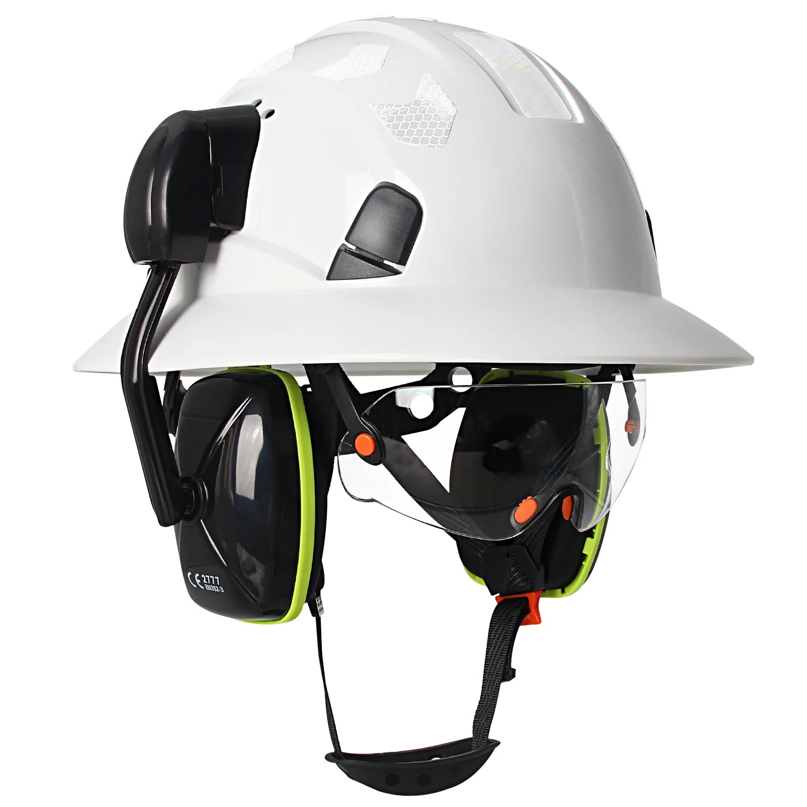 Full brim construction safety helmet with goggles, earmuffs and reflective stickers – image 13