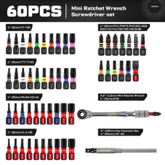 Mini Ratchet Wrench Set 33pcs | 1/4" Adapter S2 Steel Magnetic Screwdriver Bits Colour-Coded Base