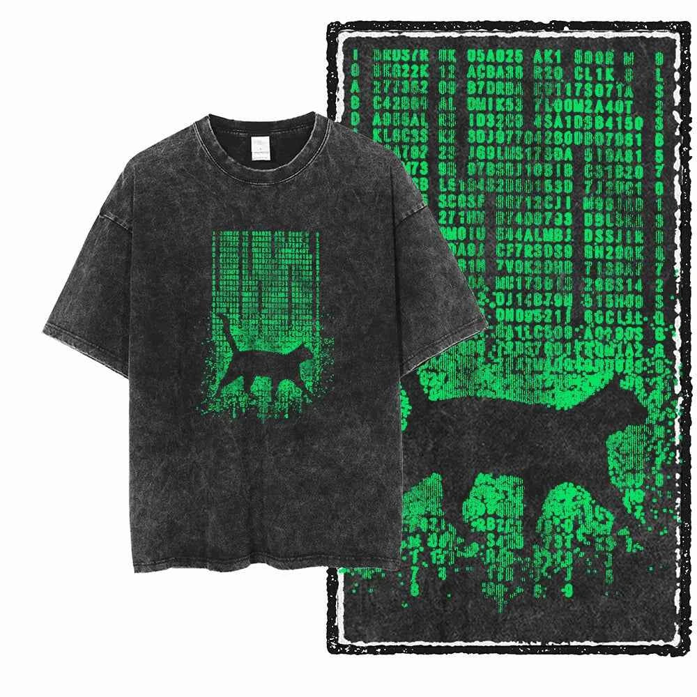 Acid Washed Cat Graphic Unisex T-Shirt | Cotton Streetwear Big Size Vintage Tee