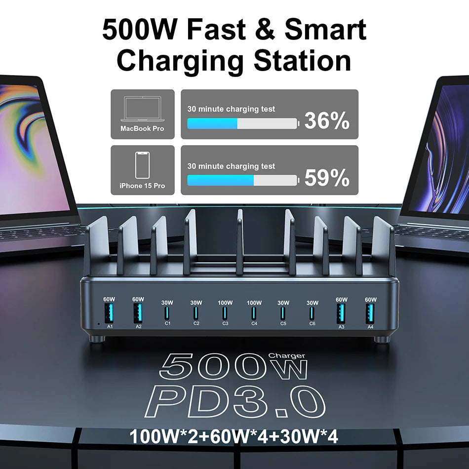 500W Multi USB-C Desktop Charging Dock | PD 100W Stand Holder Fast Charger Phone Tablet Laptop