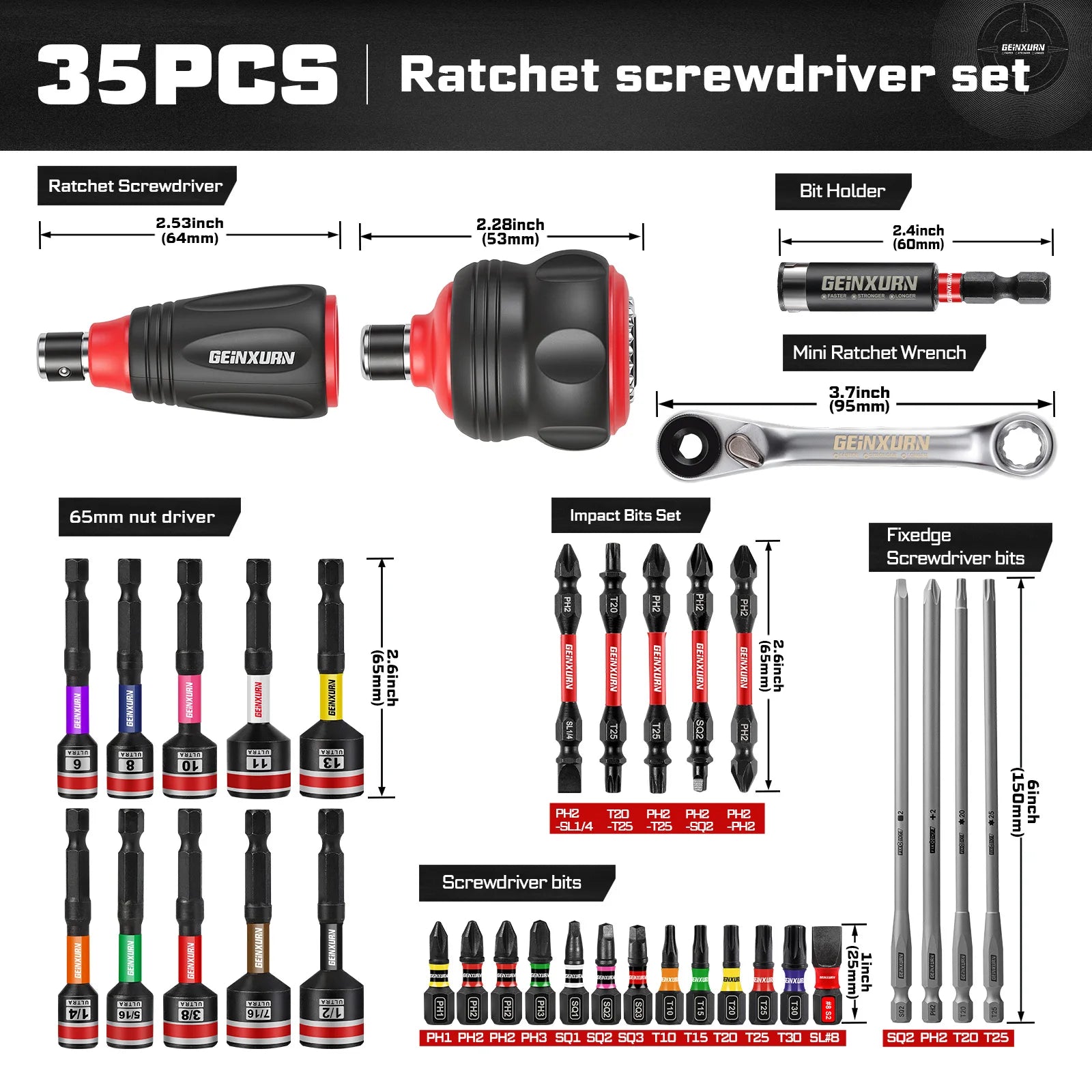 Impact Magnetic Screwdriver Set | Stubby 2-in-1 Ratchet Handle Dual-End Socket Wrench Bits Nut Driver