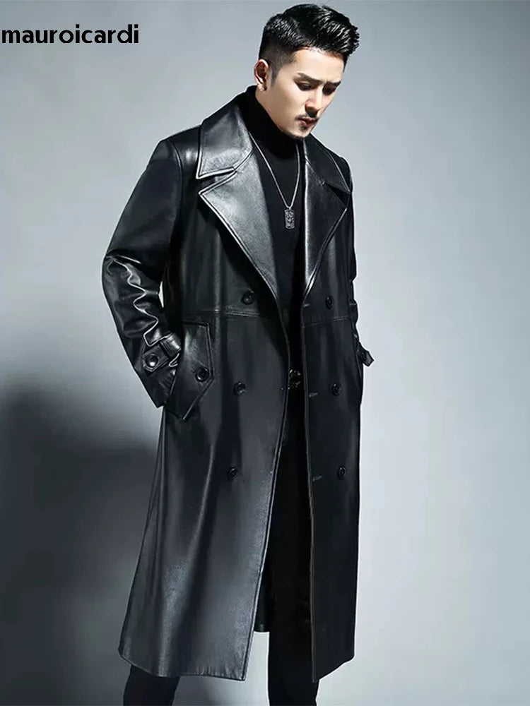 Long Waterproof Black PU Leather Trench Coat by Snagg A Coat