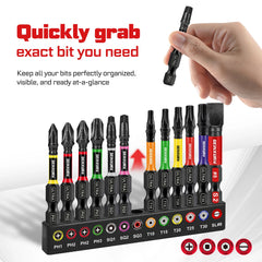 13 Pcs Impact Screwdriver Bit Set – Magnetic PH/SL/SQ/TORX 2" S2 Steel Bits with Color-Coded Base