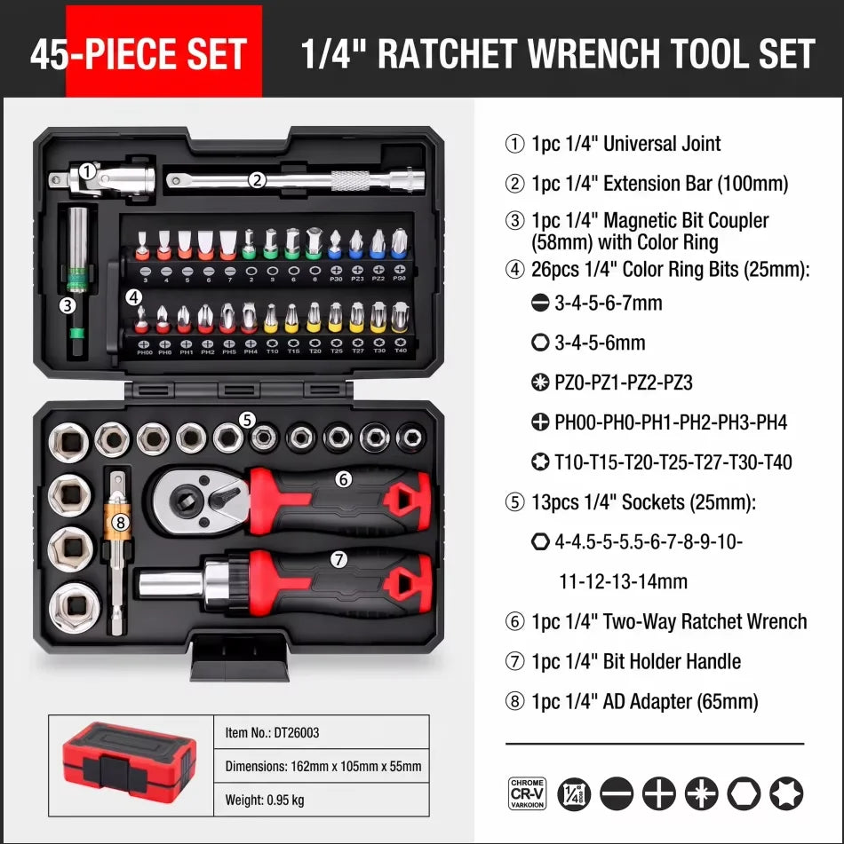 40-in-1 Ratchet Socket Bit Set 1/4" Drive – Cr-V Steel, Quick-Release, Phillips & Slotted for Repair