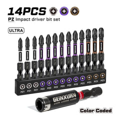Impact Pozidriv Screwdriver Bits Set PZ1/2/3 14pcs | Magnetic S2 Steel Bits & Bit Holder Colour-Coded