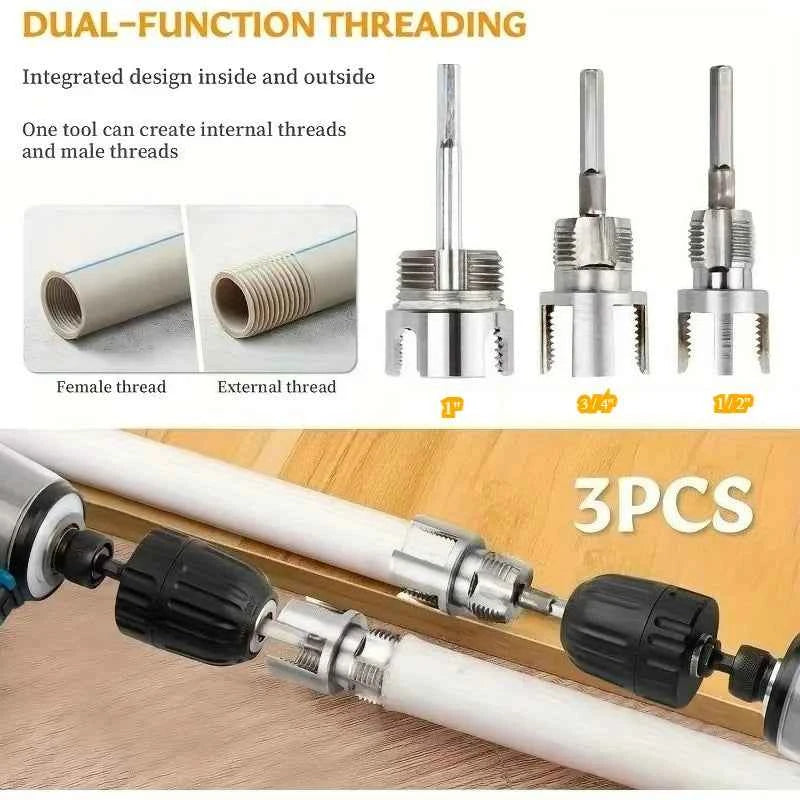3 Pcs Heavy Duty Pipe Threading Tool Kit | Internal & External Threads for 1/2", 3/4" & 1" Pipes